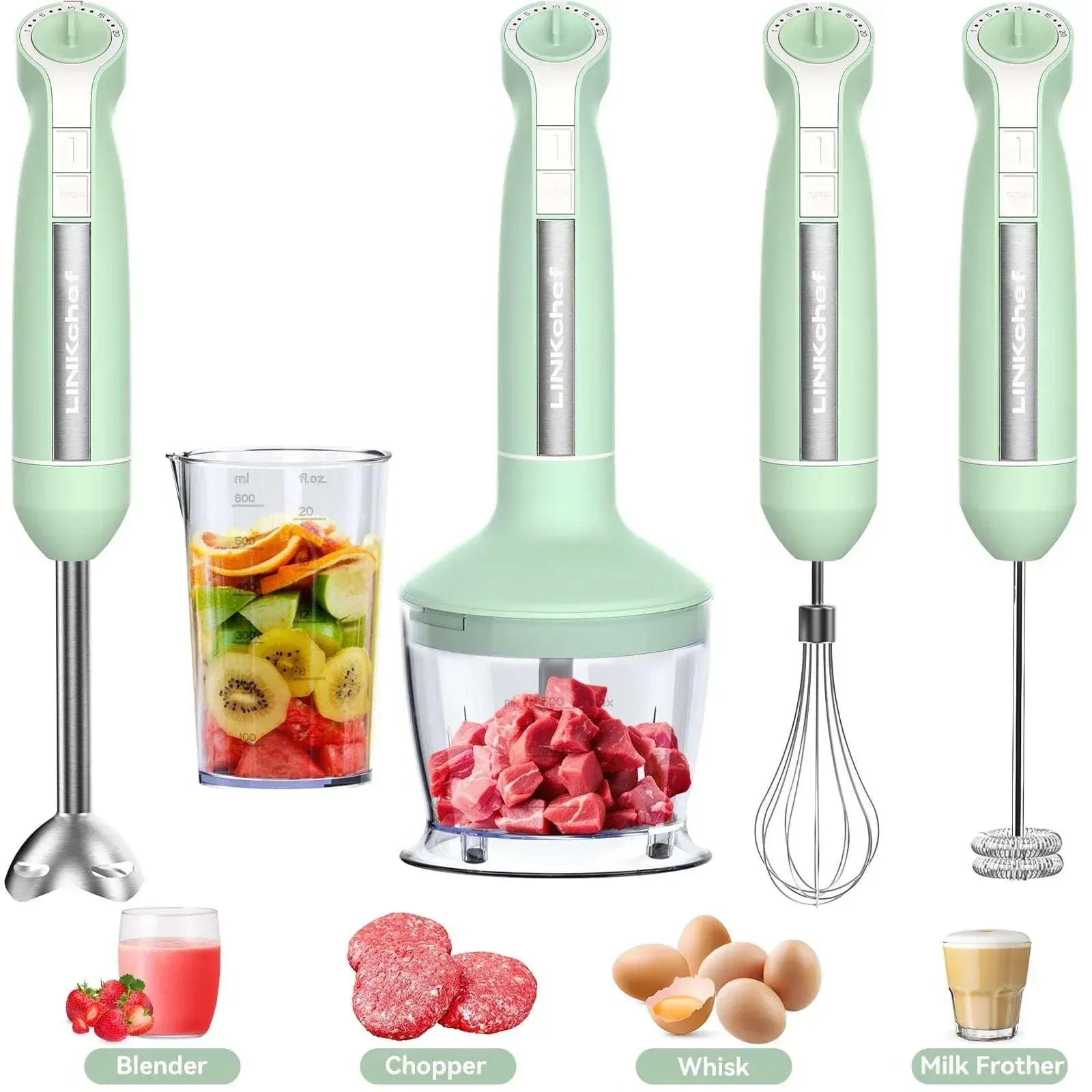 LINKChef Immersion Blender, 20-Speed 1000W 5-in-1 Immersion Hand Blender, Stick Blender with Turbo Mode, Baby Food Processor with Chopper, Blender for Kitchen with 600ml Beaker (White)