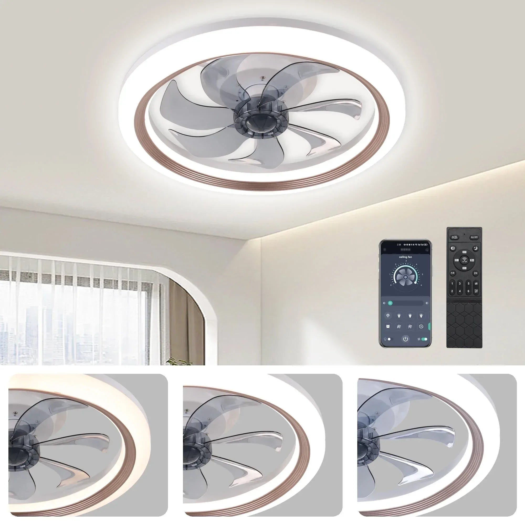 LISUNAR Ceiling Fans with Lights and Remote,20" Low Profile Ceiling Fan with Light,Dimmable LED Smart Ceiling Fan,Modern Flush Mount Fan Light,Bladeless Ceiling Fans for Bedroom,Living Room-White