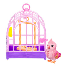 Pink bird toy with open purple cage and yellow swing seat