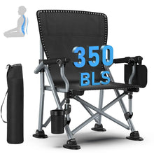 Black folding camping chair with mesh back, padded armrests, cup holder and side pocket.