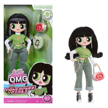 Doll with black hair and green top, gray jeans, belt, chain, and pink heart purse.