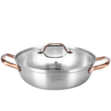 Stainless steel sauté pan with glass lid and copper handles