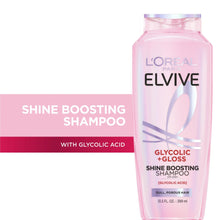 Pink L'Oreal Elvive shine boosting shampoo bottle with glycolic acid, 13.5 fl oz