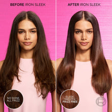 Dark, smooth hair after using iron sleek coat treatment, compared to before