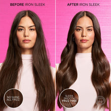 Long dark hair after iron sleek coat treatment, compared to before