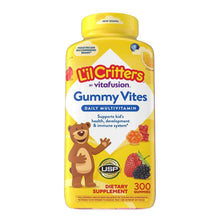 Gummy multivitamin supplement bottle with yellow label and bear mascot illustration