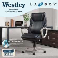 Black high-back ergonomic office chair with active lumbar support and padded armrests
