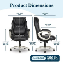 Black executive office chair showing seat and back height dimensions on a white diagram