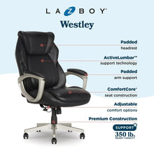 Black ergonomic office chair with padded headrest, lumbar support, and comfortcore seat