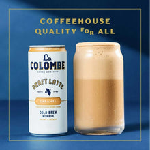 La Colombe Draft Latte caramel cold-brew can with glass of creamy latte.