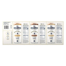 La Colombe Draft Latte back panel with nutrition facts for caramel, mocha, and vanilla.