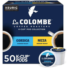 K-Cup coffee pod box showing Corsica and Nizza roasts, 50 pods