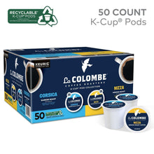 K-Cup coffee pod variety pack, 50 count box with two labeled cups