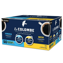 Coffee pod variety pack box with Corsica dark and Nizza medium roasts, 50 count