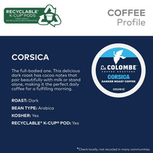 Corsica coffee pod profile panel with roast, bean type, and recycling icons