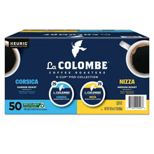 Coffee pod variety pack box showing Corsica dark and Nizza medium roasts, 50 pods