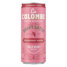 Strawberry mocha draft latte cold brew coffee can with La Colombe branding, pink