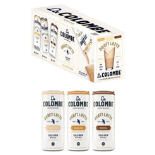 Coffee variety pack with three latte cans: vanilla, caramel, mocha, plus box