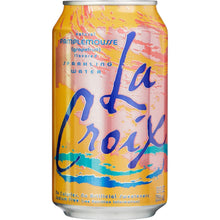 Grapefruit-flavored sparkling water can with yellow and pink graphics, blue lettering