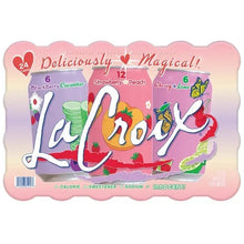 LaCroix sparkling water variety pack box front, pink with butterfly graphics and flavors
