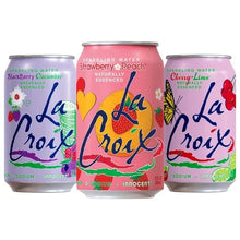 LaCroix sparkling water cans set, three tall cans with strawberry-peach and berry designs
