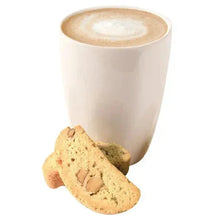 Almond biscotti with whole nuts in a white cup