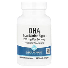 DHA marine algae supplement bottle, 200 mg per serving, 60 veggie softgels