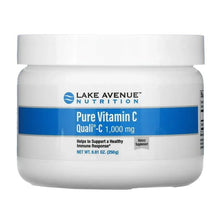 White plastic vitamin C supplement jar with blue label and white screw cap.