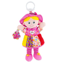 Plush doll infant toy with pink hood, yellow dress, and arched clip handle
