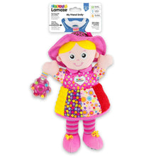 Plush doll infant toy with pink hood, yellow skirt, patterned dress, and hanging clip