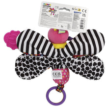Plush stroller clip toy with striped wings, patterned body, and dangling ring