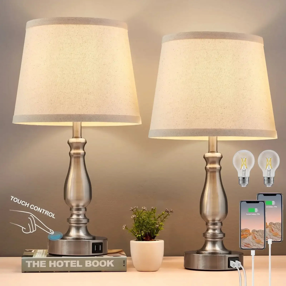 NATYSWAN Lamps for Bedrooms Set of 2, Brushed Nickel Bedside Lamps with USB Ports, 3 Way Dimmable Nightstand Lamps , Touch Table Lamp for Living Room Bedroom Office, Bulbs Included - USA MEGA SHOP