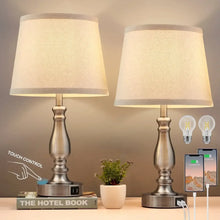 Set of 2 bedside table lamps with white linen shades and brushed metal bases, touch control