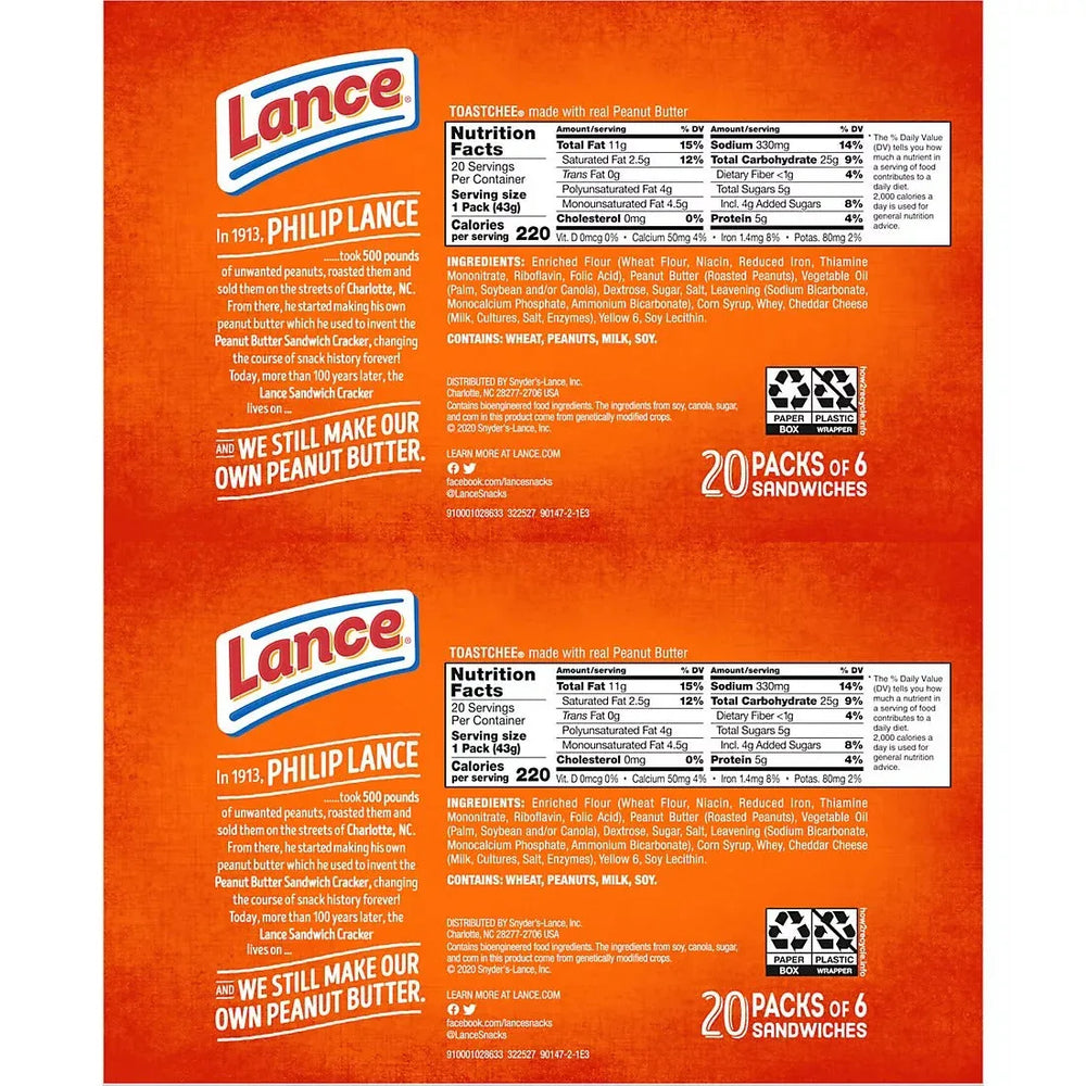 Lance Sandwich Crackers, ToastChee Peanut Butter, Individually Wrapped Packs, 6 Sandwiches Each, 40 ct. - USA MEGA SHOP