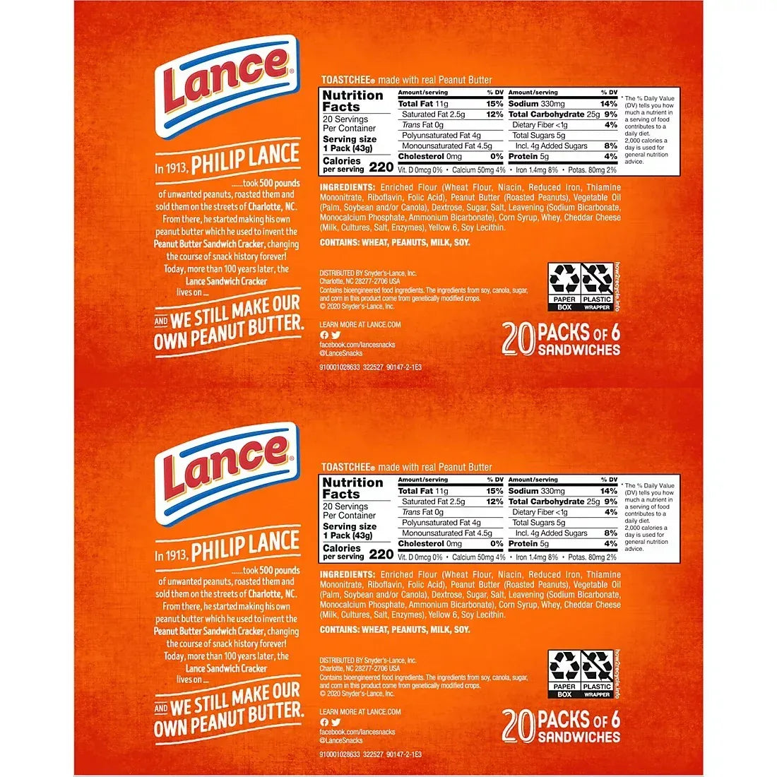Lance Sandwich Crackers, ToastChee Peanut Butter, Individually Wrapped Packs, 6 Sandwiches Each, 40 ct.