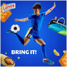 Lance Toast Chee sandwich crackers marketing image with soccer player and peanut butter crackers