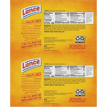Toasty sandwich crackers nutrition facts panel, 20 packs shown on Philip Lance back