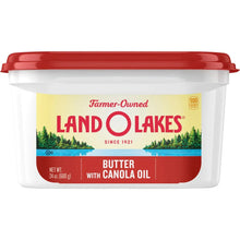 Land O Lakes butter tub with canola oil, spreadable, red lid, 24 oz label