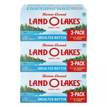 Land O'Lakes unsalted butter 3-pack cartons, front view with 1-lb packages