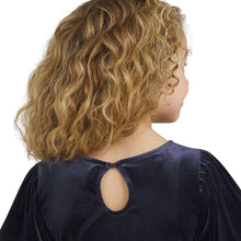 Girls velour dress back view in dark navy, keyhole cutout, short sleeves, gathered waist