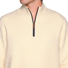Men's quilted quarter-zip pullover, cream with navy-trim zipper and stand collar