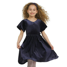 Girls velour dress in dark navy, short sleeves, gathered waist and flared skirt