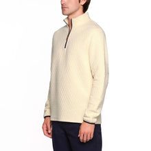 Men's quilted quarter-zip pullover, cream with long sleeves and navy-trim zipper