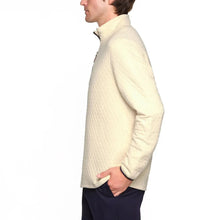 Men's quilted quarter-zip pullover, cream color with side profile and zipper collar