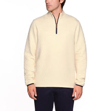 Men's quilted quarter-zip pullover, cream with ribbed cuffs and navy-trim zipper