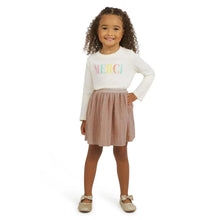 Toddler holiday skirt in mauve rose sparkle knit, pleated A-line with elastic waist