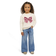 Toddler girls holiday sweater in cream with large satin bow detail at chest