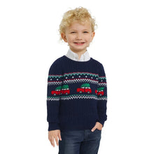 Boys holiday sweater in navy knit, red and green truck and gift pattern
