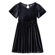 Girls velour dress in dark navy, bow tie at waist, pleated flared skirt, short sleeves