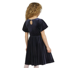 Girls velour dress in dark navy, keyhole cutout back, gathered waist and flared skirt